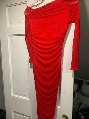 Red Ruched Long Sleeve Bodycon Dress - Women